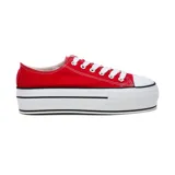 Zapatillas deportivas acordonadas de tela color rojo con plataforma blanca.