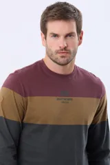 Remera de manga larga con cuello redondo y diseño de rayas horizontales en azul verdoso, beige y azul marino. Presenta una estampa frontal con texto y un parche decorativo en la manga.