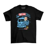 Remera celeste de algodón con estampado gráfico frontal que ilustra una camioneta Volkswagen con Marcelo Bielsa al volante y la inscripción 'La Bielsaneta'.