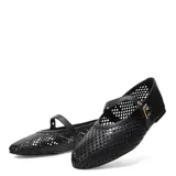 Balerina estilo Mary Jane de cuero color marrón, con diseño calado en toda la superficie, punta ovalada y correa ajustable con hebilla metálica dorada.
