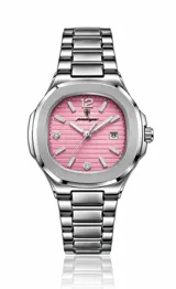 Reloj de pulsera Poedagar modelo Monaco Rose con caja octogonal de acero inoxidable plateado, esfera texturizada de color rosado con índices tipo baguette, calendario integrado y brazalete metálico de eslabones.