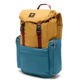 Mochila Columbia Trail Traveler de 28 litros, con diseño bicolor en mostaza y azul. Cuenta con cierre de solapa con hebillas, compartimento para laptop de hasta 15 pulgadas, espalda acolchada, correa de esternón ajustable y múltiples bolsillos con cremallera.
