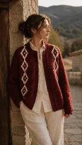 Cardigan de lana natural color bordó con diseño geométrico en color crema tejido a contraste. Presenta cuello redondo, cierre frontal y silueta relajada.