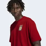Remera Adidas de corte holgado en color rojo, confeccionada en algodón. Presenta un parche gráfico en el pecho con el logo de la marca y un balón de fútbol, además de un detalle de etiqueta en el ruedo inferior.