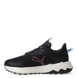Championes de trail running Puma modelo Extend Lite, color negro con detalles en celeste y rosa. Presentan suela de goma PUMAGRIP con tacos para mayor tracción, mediasuela de EVA y plantilla SOFTFOAM+ para una amortiguación superior.