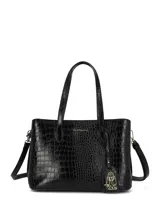 Cartera de mano tipo tote color negro con textura de efecto cocodrilo. Cuenta con doble asa superior, correa ajustable extraíble y detalle de dije metálico con el logo de la marca.