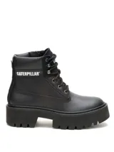 Bota Caterpillar modelo Colorado Max, de cuero liso color negro con suela alta de goma tipo plataforma y cordones.
