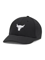 Gorra deportiva Under Armour de la colección Project Rock, color negro con logo de toro bordado en blanco en el frente. Presenta visera precurvada, paneles frontales estructurados y cierre ajustable con broche en la parte trasera.