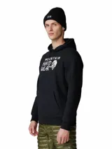 Buzo canguro negro con capucha, marca Mountain Hardwear, con logo estampado en el pecho.