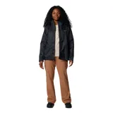 Campera impermeable Columbia modelo Arcadia II, color negro, con tecnología Omni-Tech, costuras selladas, capucha ajustable, cierre frontal y bolsillos laterales con cremallera.