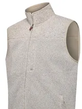 Chaleco de hombre con exterior tejido jaspeado e interior de micropolar. Cuenta con cierre frontal completo, cuello alto y tres bolsillos frontales con cierre.