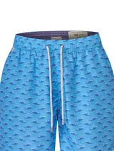 Short de baño azul con estampado de delfines, cintura elástica y cordones ajustables blancos y grises.