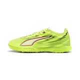 Championes de fútbol Puma Ultra 6 Play TT, color amarillo flúor, con diseño aerodinámico y suela con tapones pequeños para césped sintético.