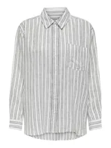 Camisa Only modelo Tokyo, confeccionada en mezcla de lino y viscosa, con diseño a rayas verticales en tonos rosado y blanco, cuello clásico, cierre frontal de botones, manga larga y bolsillo aplicado en el pecho.