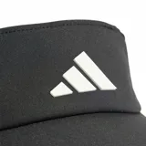 Visera deportiva Adidas color negro con logo blanco en el frente. Cuenta con tecnología Climacool para mayor transpirabilidad y ajuste regulable en la parte posterior.