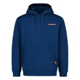 Buzo con capucha y bolsillo frontal tipo canguro, color azul marino con logo de la marca estampado en color naranja en el pecho.