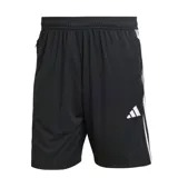 Short deportivo Adidas Tiro Es color negro con tres tiras blancas a los costados y logo de la marca en la pierna izquierda.