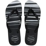 Ojotas Havaianas Top Basic con base a rayas horizontales en blanco, gris y negro, y tiras negras.