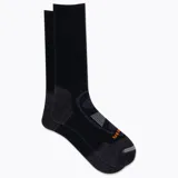 Medias de senderismo de caña alta color negro, con refuerzos en talón y puntera, y detalles en gris y naranja.