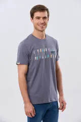 Remera de manga corta color gris, con cuello redondo y estampado frontal multicolor con diseño de remos y tipografía de la marca.
