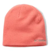 Gorro de lana tejido en punto acanalado, color rosado, con logo de la marca bordado en el frente.