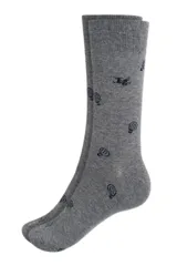 Par de medias grises con diseño de globos aerostáticos en azul marino.