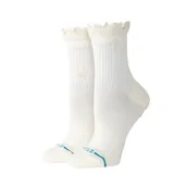 Medias blancas de caña media con detalle de volados en el borde superior y logo de la marca bordado en el lateral.