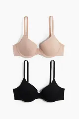Pack de dos soutiens de punto de algodón con copas con relleno, aros, breteles ajustables y cierre de corchetes en la espalda. Incluye un soutien color nude y un soutien color negro.
