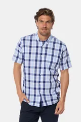 Camisa de hombre a cuadros azules y blancos, de manga corta, con cuello abotonado y botones personalizados.