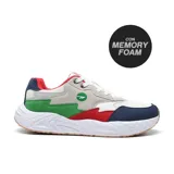 Championes deportivos Hi-Tec Lea con diseño multicolor que combina blanco, gris, verde, rojo y azul marino. Cuenta con suela gruesa blanca y plantilla con tecnología memory foam.
