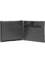 Billetera plegable Billabong modelo Dimension2, de diseño bicolor en tonos negro y gris, con aplique metálico frontal del logo.