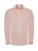 Camisa de manga larga RKF modelo Sports, color salmón con sutiles rayas verticales, cuello camisero y cierre frontal de botones. Confeccionada en poliéster reciclado y elastano.