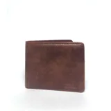 Billetera de cuero marrón con doble compartimento y logo de la marca Rusty grabado en la parte inferior.