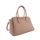Cartera de mano tipo tote de la marca Las Oreiro, color rosado, con textura granulada, doble asa superior y correa larga ajustable y extraíble. Presenta el logo de la marca grabado en el frente.