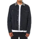 Campera de denim color negro con cuello de sherpa, cierre frontal con botones metálicos, bolsillos de parche en el pecho y forro interior de sherpa.