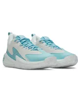 Championes de básquetbol Under Armour Curry 3Z 25 SDE, con diseño en tonos blanco y celeste. Presentan una combinación de cuero y malla transpirable en la parte superior, entresuela con tecnología Charged Cushioning para mayor amortiguación y suela de goma con patrón de tracción anatómico.