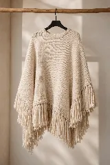 Poncho tejido en lana merino de color crudo, con cuello alto tipo polera y terminación de flecos en el ruedo.