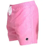 Short de baño color rosado con estampado de pequeñas palmeras blancas, cintura elástica con cordón ajustable y logo de la marca en la parte inferior.