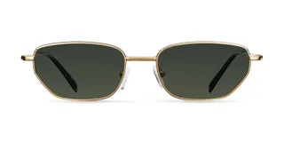 Lentes de sol con montura metálica dorada y lentes rectangulares de color verde oscuro. Diseño minimalista y ligero con terminaciones en acetato.