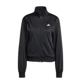 Conjunto deportivo Adidas compuesto por una campera con cierre frontal y cuello alto, y un pantalón tipo jogging. Ambas prendas son de color negro, confeccionadas en tejido técnico con puños elásticos y el logo de la marca estampado en blanco.