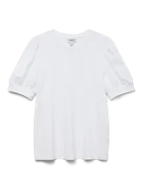 Camiseta blanca de algodón orgánico con cuello redondo y mangas cortas abullonadas, de calce regular.