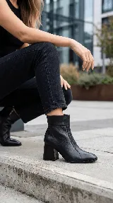 Bota corta de cuero negro con taco cuadrado y punta cuadrada. Presenta un diseño minimalista con costura central vertical y caña media.