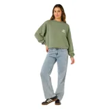 Buzo de cuello redondo Rip Curl, color verde oliva, con diseño de hombros caídos y pequeño estampado gráfico en el pecho.