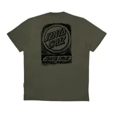 Remera de manga corta color verde oliva con estampado gráfico en la espalda que presenta el logo de Santa Cruz en un diseño circular y tipográfico con efecto desgastado.