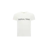 Remera blanca de manga corta Saint Laurent con cuello redondo y el logotipo de la marca impreso de manera invertida en el pecho.