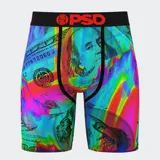 Calzoncillos bóxer estampados con billetes de 100 dólares en colores vibrantes, con pretina elástica negra con logo PSD en rojo.