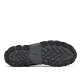 Bota de senderismo Columbia modelo Transverse Hike, impermeable y transpirable. Presenta una combinación de cuero y malla en color negro con detalles en gris y toques de rojo en los cordones. Cuenta con entresuela TechLite para amortiguación y suela Omni-Grip para tracción todoterreno.