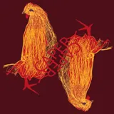 Pañuelo cuadrado con diseño artístico de dos gallos en tonos amarillos y naranjas sobre fondo bordó, con la palabra 'CAPER' integrada en el estampado.