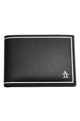 Billetera plegable de cuero sintético negro con textura granulada, borde decorativo en color blanco y logo de la marca bordado en la esquina inferior derecha.
