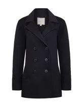 Chaqueta cruzada negra de RKF, confeccionada en mezcla de lana y cashmere. Presenta solapas amplias, doble abotonadura con seis botones, bolsillos delanteros y una silueta estructurada.